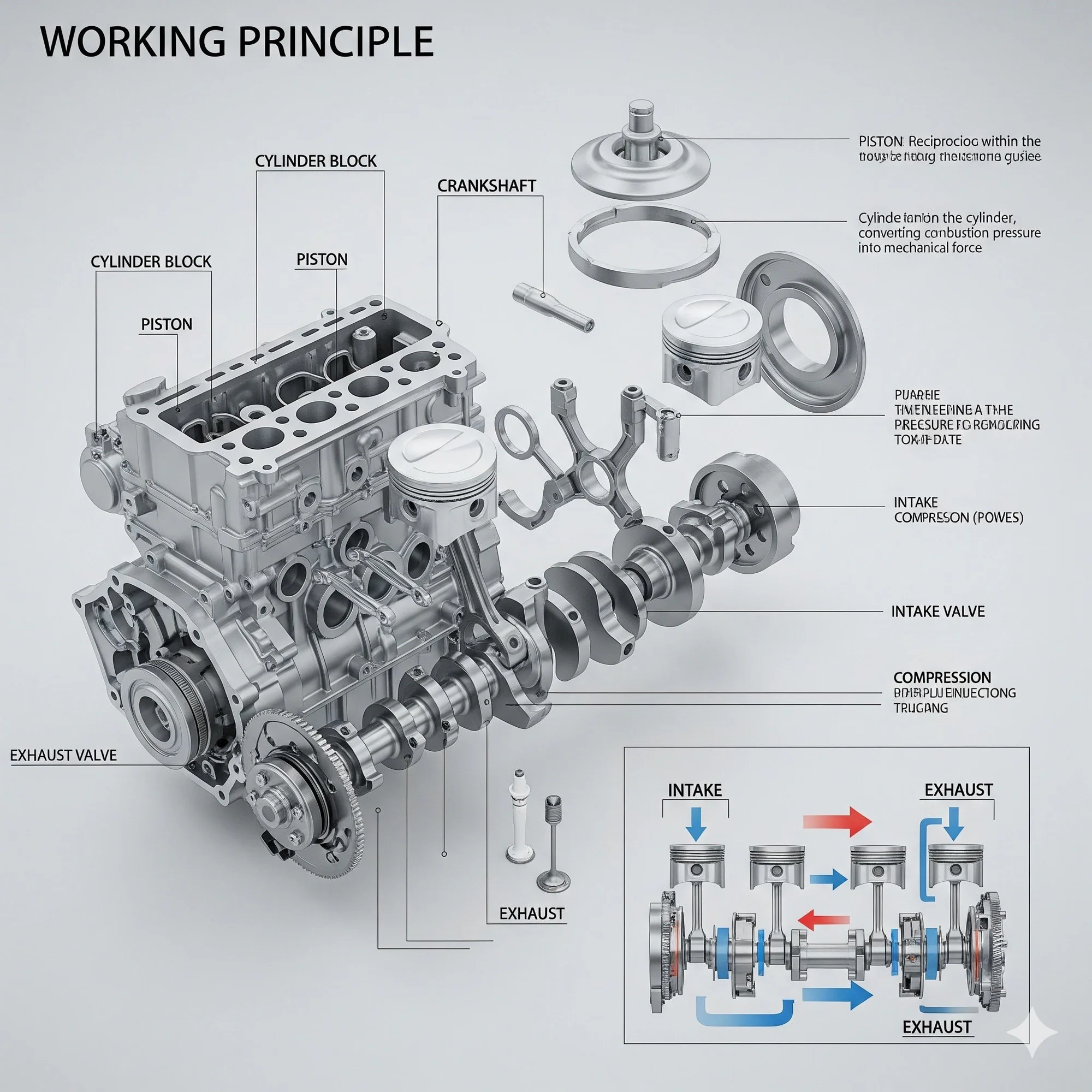 Engine Structure and Working Principle 3D Cross-Sectional Design Diagrams