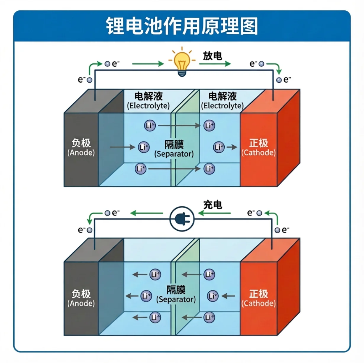 Bilingual Schematic Diagrams for Lithium Battery Working Principles