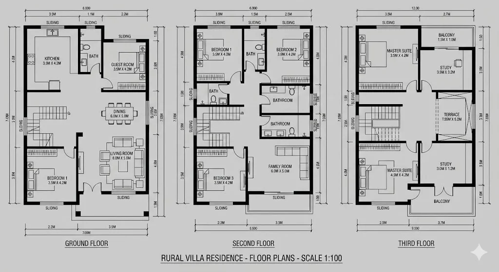 Architectural Floor Plan Drawings for Rural Three-Story Villas